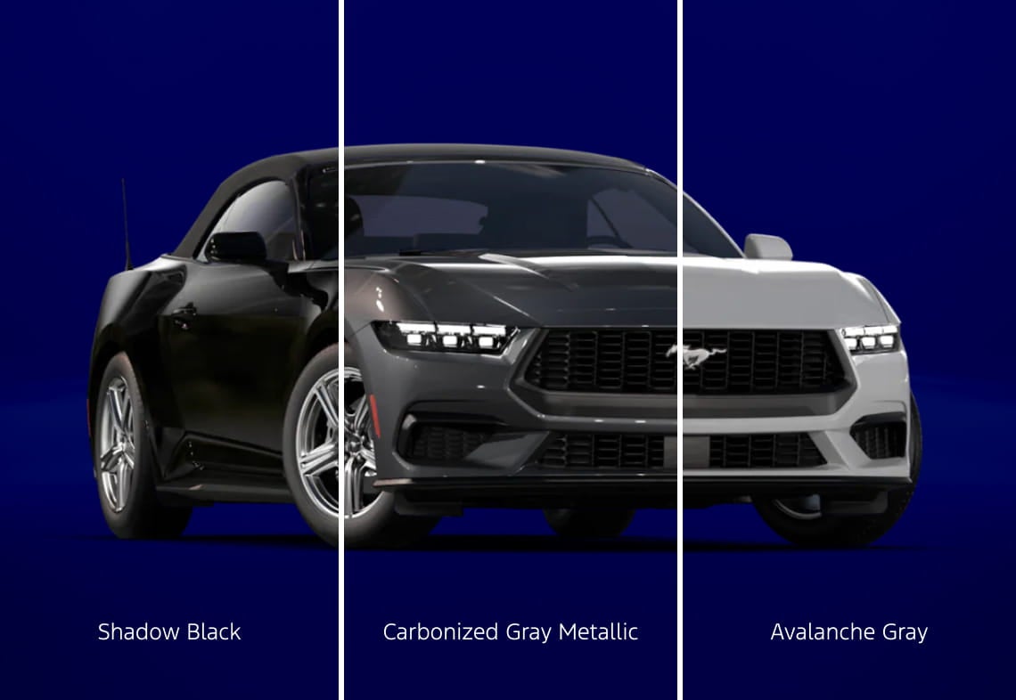 Ford Mustang shown in Shadow Black, Carbonized Gray Metallic, and Avalanche Gray.