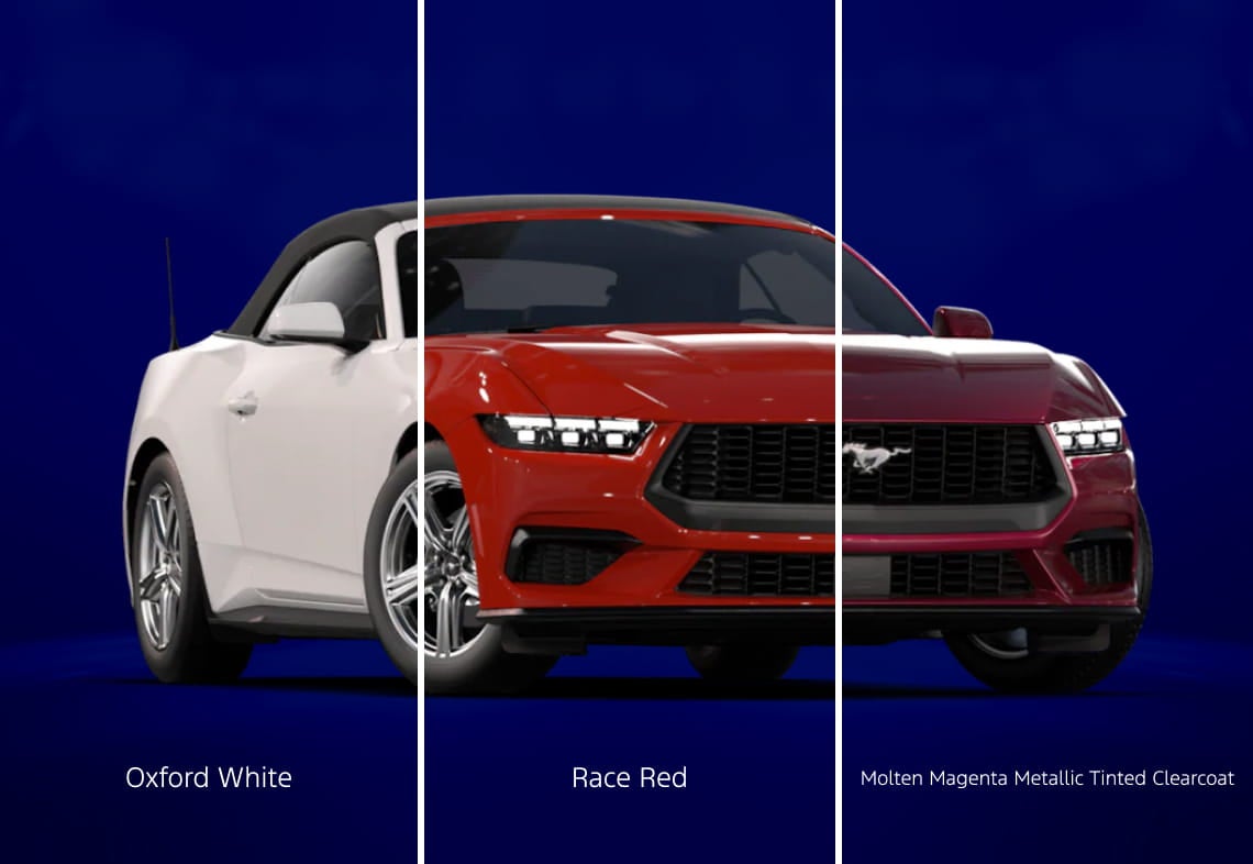 Ford Mustang shown in Oxford White, Race Red, and Molten Magenta Metallic Tinted Clearcoat.