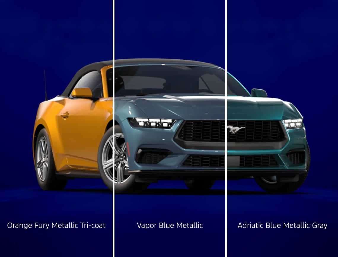 Ford Mustang shown in Orange Fury Metallic Tri-coat, Vapor Blue Metallic, and Adriatic Blue Metallic Gray.