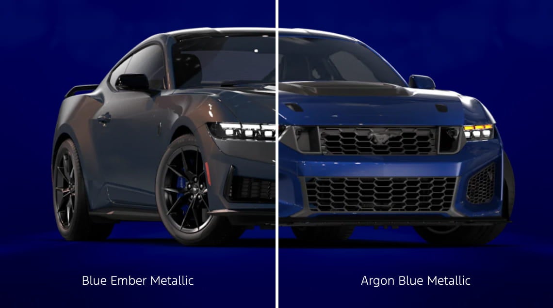 Ford Mustang shown in Blue Ember Metallic and Argon Blue Metallic.